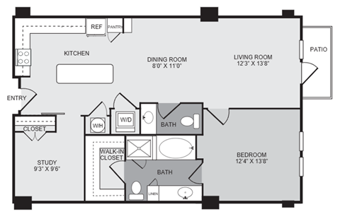 Floor plan for 1 bed, 1.5 baths, 1046 sqft